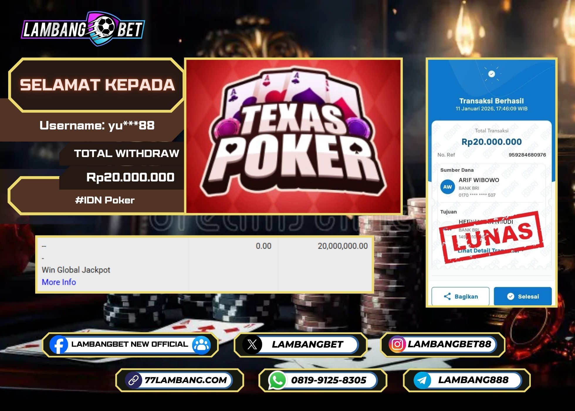 LAMBANGBET [11 JANUARI 2026] JACKPOT IDN POKER Texas Poker "Rp20.000.000" LUNAS